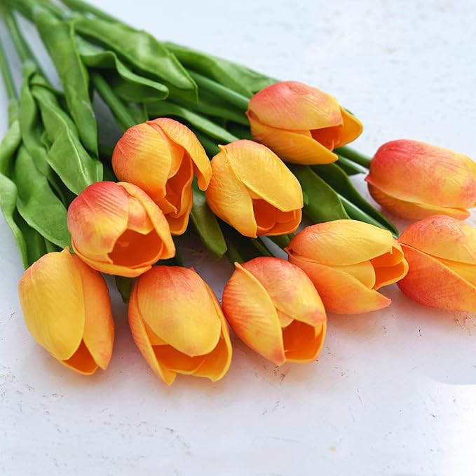 FiveSeasonStuff Real Touch Tulips Artificial Flowers – 15 Stems Faux Tulip Bouquet in Gift Box for Wedding, Home Decor, Party, Floral Arrangements (Sunset Orange)