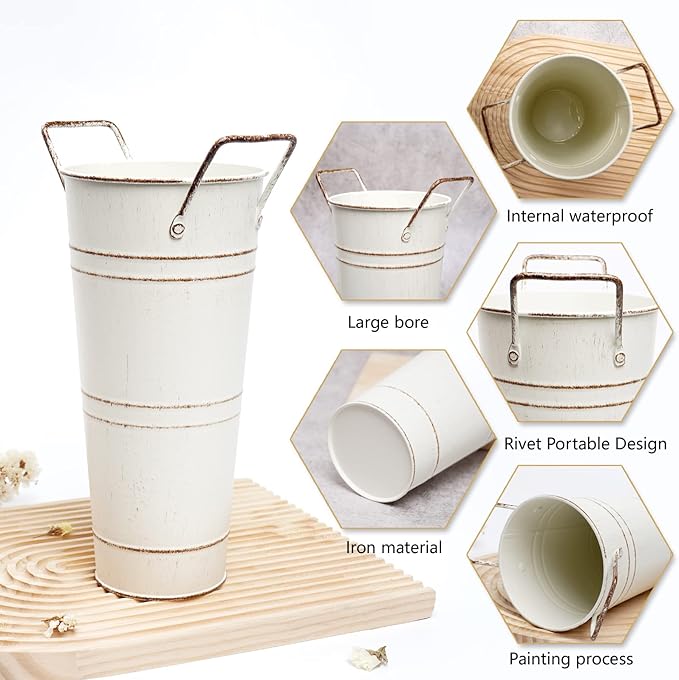 Notakia Galvanized Metal Vases Farmhouse French Flower Bucket Vases for Cut Flowers for Home Decor and Wedding Table Centerpiece Decorations (Beige 4Pcs)