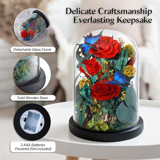 Preserved Rose with Butterfly, LED Forever Flowers in Glass Dome, Eternal Flowe for Women, Birthday Gifts for Mom Friend, Includes Greeting Card & Luxury Gift Box (Red)