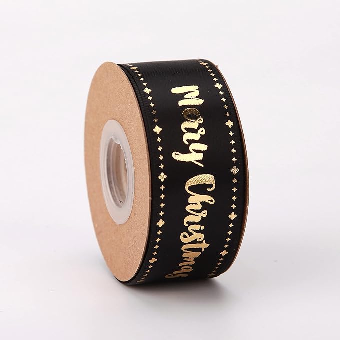 Merry Christmas Ribbon 10 Yards 1Inch Wide Black Satin Ribbons with Gold Printed Gift Ribbon for Craft Packing, Gift Wrapping, DIY Craft, Christmas Party Supplies