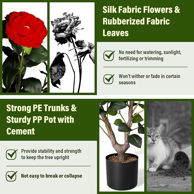 Artificial Camellia Tree,2Pack 3FT Faux Red Camellia Plants in Pots,Lifelike Artificial Flower Trees for Indoor Outdoor Home Decor,Realistic Blooming Faux Plants for Living Room Porch Patio Office