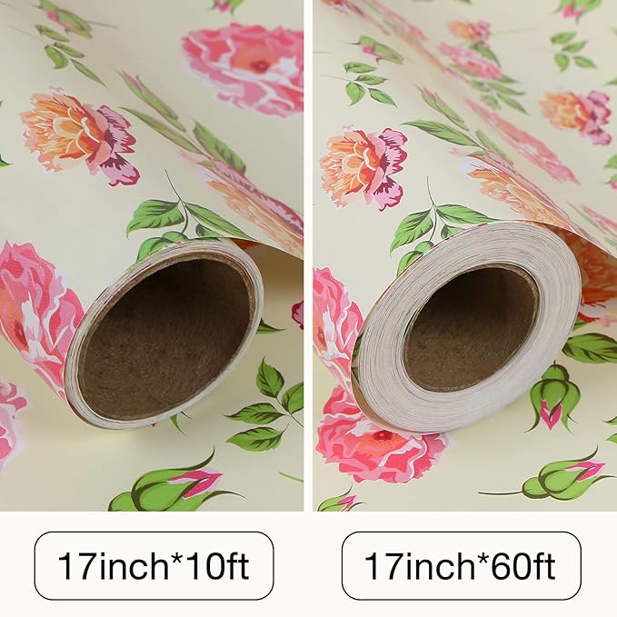 Aimyoo Ivory Floral Wrapping Paper Roll 17 in x 10 ft, Vintage Rose Flower Gift Wrap for Wedding Bridal Shower Women Birthday