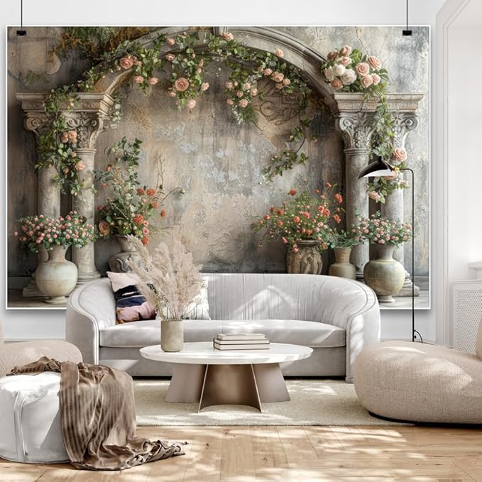 7x5ft Vintage Flower Building Backdrop Blooming Pink Roses Floral Wildflower Medieval Building Background for Mothers Day Bridal Shower Baby Shower Birthday Women Couples Portrait