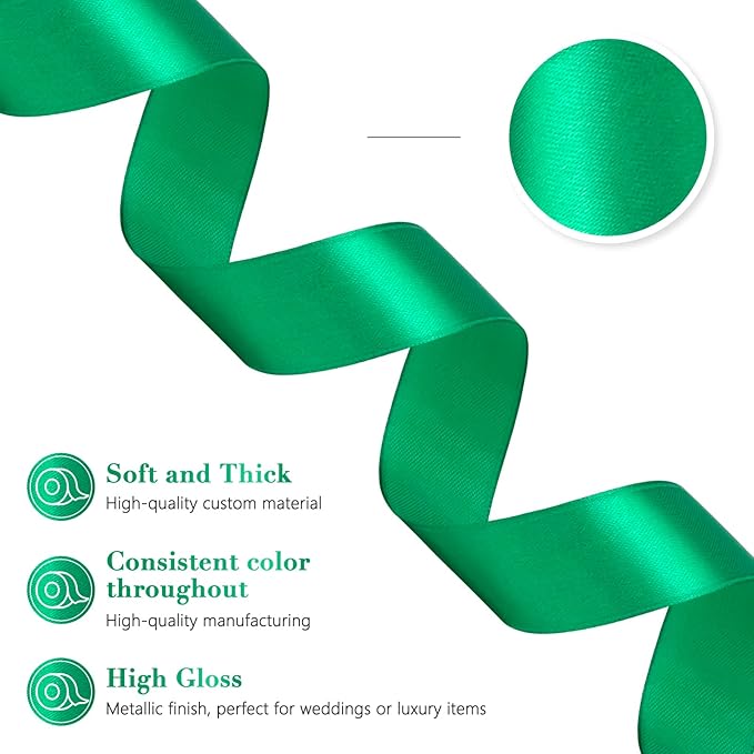 Green Ribbon 1 Inch 60 Yards, Green Satin Ribbon for Flower Bouquet, Graduation Lei, Crafts, Gift Wrapping, Baby Shower, Christmas and Wedding Decorations
