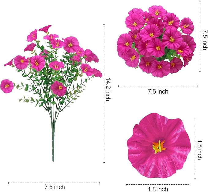 Ouddy Decor 24 Bundles Artificial Flowers for Outdoors Decoration Fake Silk Morning Glory Flowers Faux Eucalyptus Plants UV Resistant for Porch Patio Garden Spring Summer Home Decor, Fuchsia