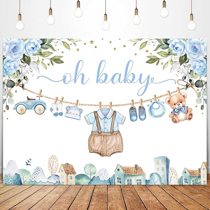 Sensfun Cute Clothes Baby Shower Backdrop for Boys Oh Baby Newborn Blue Floral Eucalyptus Leaves Adventure Baby Shower Party Decorations Banner Supplies Photo Booth Studio Props 8x6ft