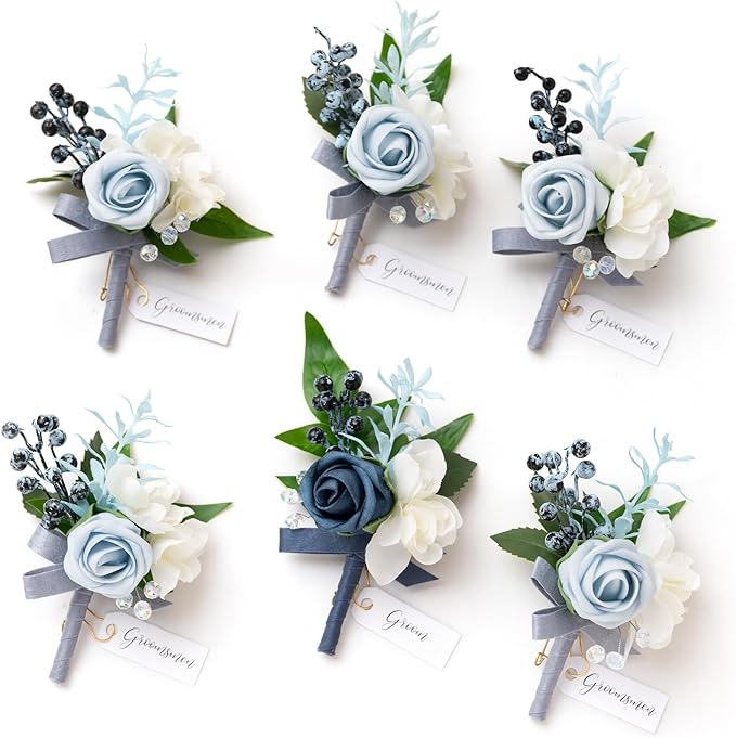Ling's moment Boutonniere for Men, 6pcs Groom Groomsmen Boutonniere, Artificial Flowers for Wedding Decor/Prom/Homecoming, etc.Dusty Blue Light Blue