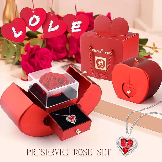 Suturun Preserved Real Rose,Eternal Flower Rose with Heart Necklace,Preserved Flowers Rose Gifts for Women,Girlfriend,Mom,Wife,Gifts Idea on Christmas,Valentine's Day,Mother's Day,Birthday,Anniversary