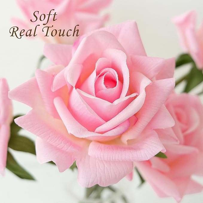10pcs Real Touch Roses Stems Artificial Flowers, Pink Lifelike Full Bridal Bouquet for Flower Arrangement Spring Home Party Wedding Decoration