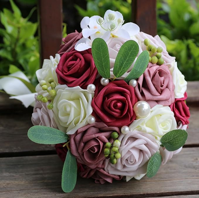 Lightweight Bridal Wedding Bouquet Round Holding Bouquet Throw Toss Artificial Rose Flower Bunch for Bride Bridesmaid Wedding Quinceanera (Cream, Smoky Rose, Light Taro & Burgundy, 7.9")