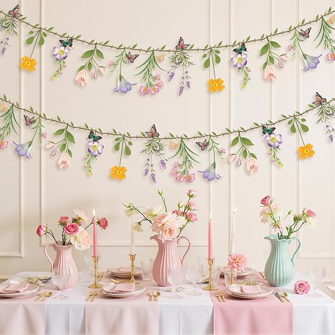2PCS Flower Banner Reusable Wildflower Garland Floral for Spring Party Enchanted Garden Theme Picnic Wedding Baby Shower Birthday Tea Party Christmas Supplies Home Decorations