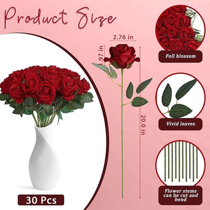 30pcs Fake Roses Artificial Silk Flowers Long Stems Bouquet for Wedding Bridal Shower Party Home Decoration (Burgundy)