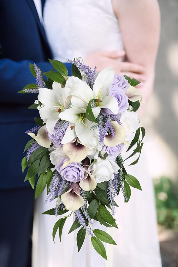 Wedding Bouquet,11 Inch Bridal Bouquet Cascading Wedding Bouquets for Bride for Wedding Ceremony and Anniversary(Lilac & White)