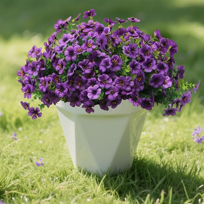 12 Bundles Artificial Flowers for Outdoor, UV Resistant Faux Mums with Eucalyptus Leaves Fake Plants for Outdoor Planters Greenery Boxwood Porch Patio Decoration