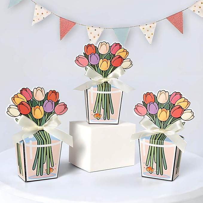 Tizee 3D Floral Gable Boxes with Ribbon - Mini Gift Bags for Party Favors, Birthday, Wedding, Mothers Day, Cookies, Candy, and More (20 Pack)