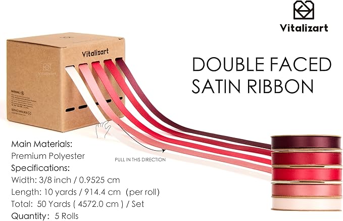 Vitalizart Red Ribbons for Crafts 3/8" x 50 Yd Satin Ribbon Double Face Gift Wrapping Silk Like Fabric Flower Bouquet Birthday Party Decoration Bridal Shower Wreath Hair Light Pink Burgundy