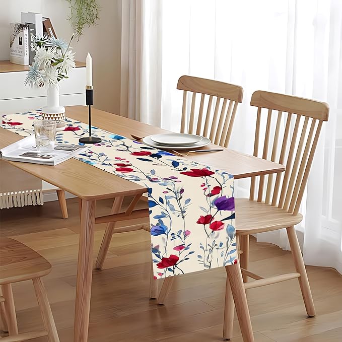Elegant Watercolor Floral Table Runner – 13x72 Inch Linen-Look Fabric with Red, Blue & Purple Blooms on Beige Background, Perfect for Dining Room, Kitchen & Home Decor