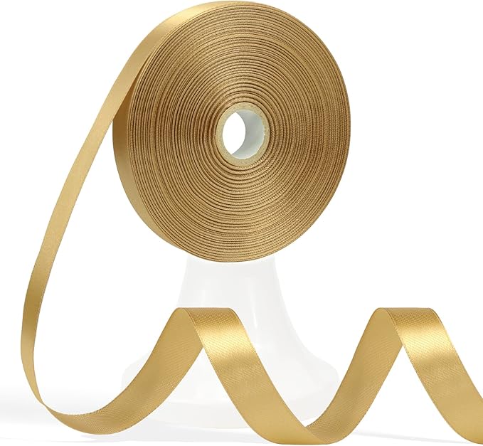 60 Yards Champagne Gold Ribbon 5/8 Inch, Solid Gold Satin Ribbon for Gift Wrapping, Crafts, Flower Bouquet, Wedding, Baby Shower, Festival, Christmas, Halloween