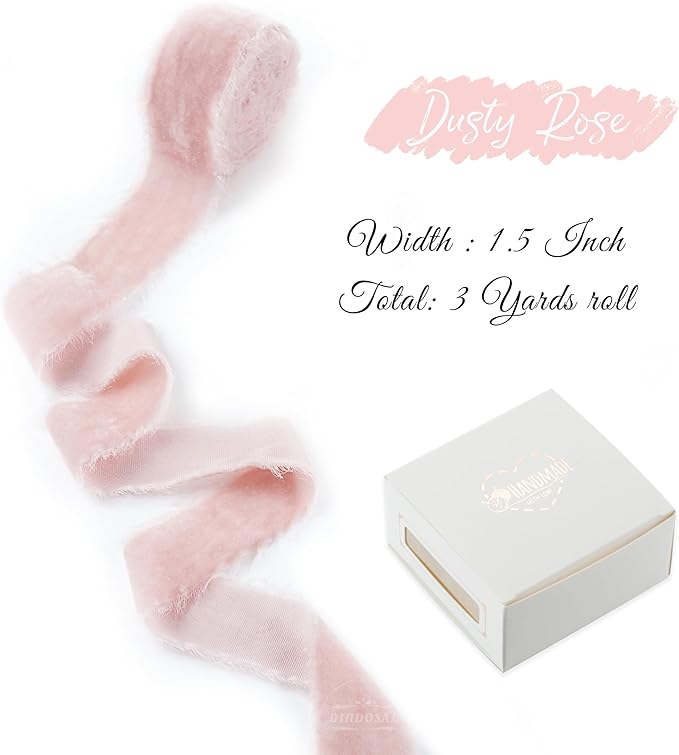 Dusty Pink Silk Velvet Ribbon 1.5 Inch Pink Frayed Edge Ribbon Rustic Style Fringe Velvet for Gift, Raw Edge Boho, Wedding Invitation Bridal Bouquet -3yards