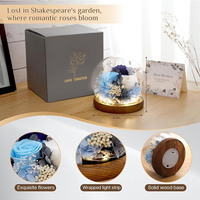 Preserved Flowers,Rose in Glass Dome with LED Light, Gifts for Her, Women, Mom,Grandma,Girlfriend, Wife - Style5