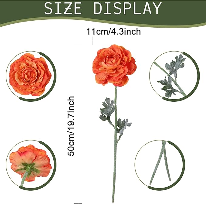 6Pcs Orange Ranunculus Artificial Flowers 19.7’’ Silk Ranunculus Flowers Fake Peonies with Stems for Home Wedding Dining Table Party Garden Decoration(Orange)