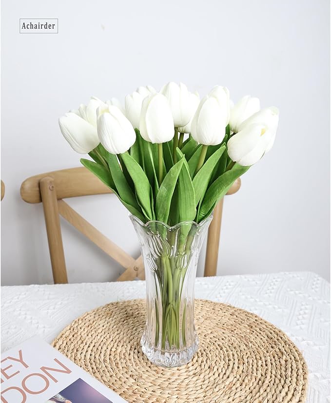 30pcs Tulips Artificial Flowers, Artificial Latex Real Touch Tulips Flowers Bouquet for Mother's Day Easter Wedding Party Home Decor-White