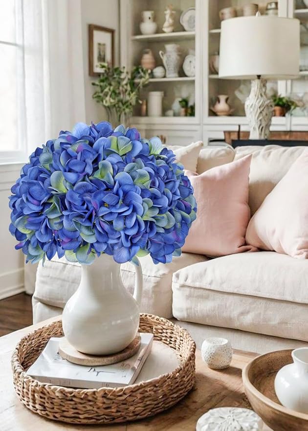 Hollyone 6 Pcs Blue Hydrangea Artificial Flowers Heads with Stems Silk Faux Hydrangea Blue Fake Flowers for Home Indoor Outdoor DIY Floral Wedding Flower Bouquets Kitchen Table Centerpiece Decor