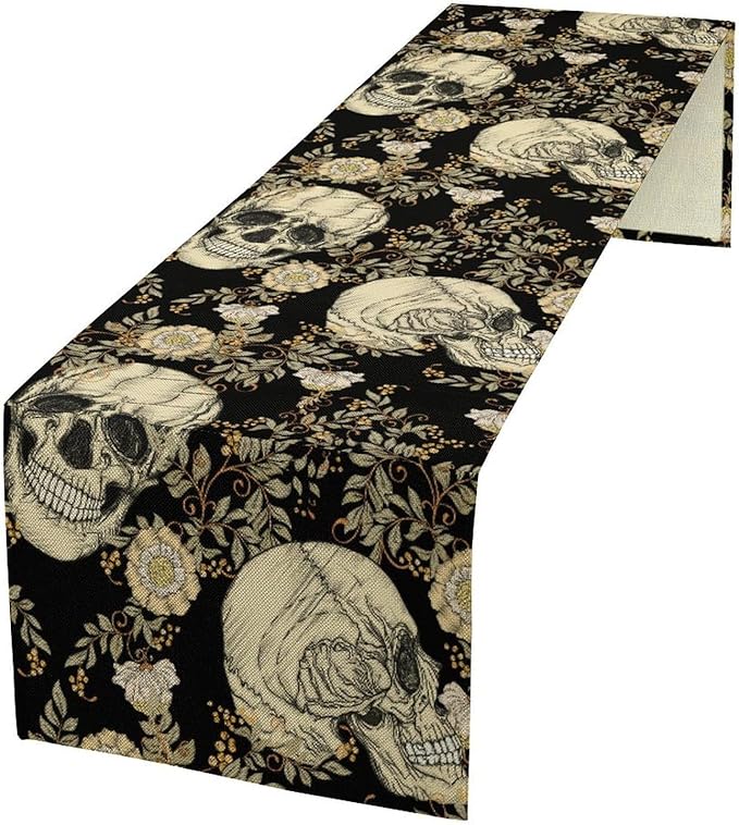 Gothic Table Runner,Vintage Floral Skull Print Table Runner for Home Kitchen Table Dining Garden Farmhouse Wedding Party Decor 13x120 Inch