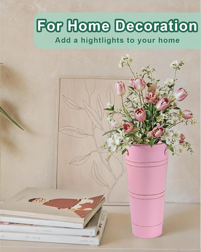 9 Inch Galvanized Metal Vases for Flowers - 2 Pcs Farmhouse Decorative Tall Flower Bucket with Handles, Rustic French Tin Planter Buckets for Wedding Decor (Pink)
