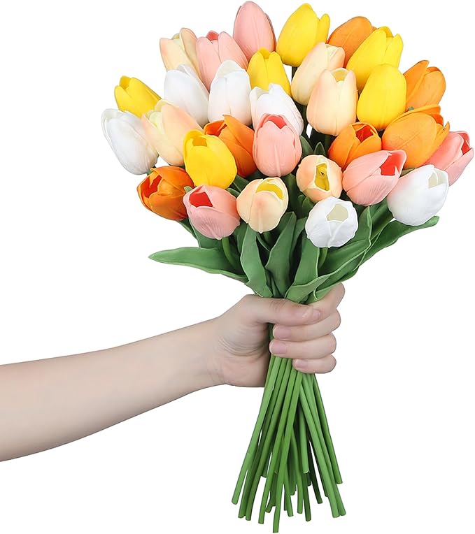 SITUMEIZI Fake Flowers Tulips Artificial Silk Flower 15pcs Real Touch 14" for Spring Easter Home Kitchen Wedding Bouquet Bulk Mother's Gift Day Decorations(Multicolor,5-2)