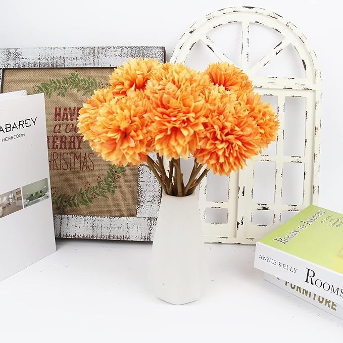Tinsow Artificial Flowers Faux Ball Chrysanthemum Bouquet Flowers Bridal Wedding Bouquet for Home Garden Party Wedding Decoration (12, Black, Red, Orange)