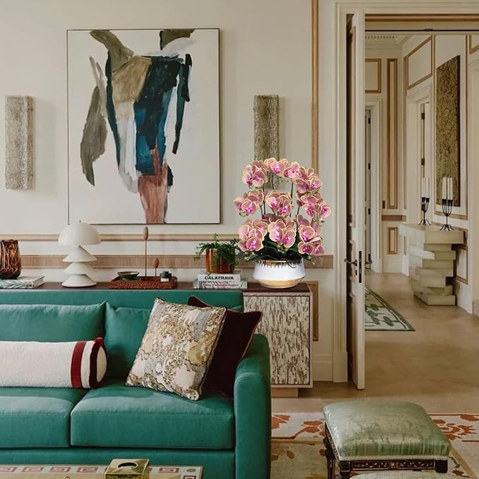 CXGS Orchids Artificial Flower Real Touch Faux Orchid in Large Ceramic Vase 23.6'' Realistic PurpleSpots Fake Phalaenopsis Floral Arrangements Centerpiece Table Home Indoor Decor