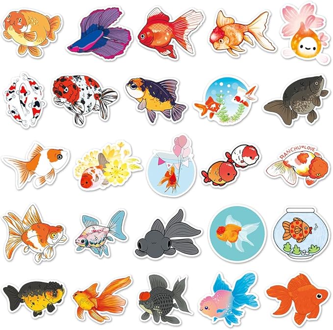 Goldfish Vinyl Stickers for Teens Boy Girls Kids|50 Pcs|Cartoon Waterproof Stickers for Laptop Phone Tablet Luggage Flasks Water Bottle Notebook Bike Scrapbook,Lovely Fish Decals Pack(Goldfish)