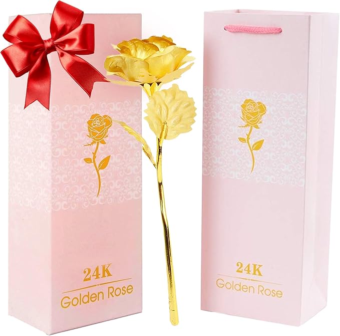 24k Gold Rose with Luxury Gift Box - 10-inch Golden Rose Metal Single Roses and Valentine's Day Gifts Idea for Women, Loved Ones, Mom, Wife, Girlfriend, Grandma, Mother's Day