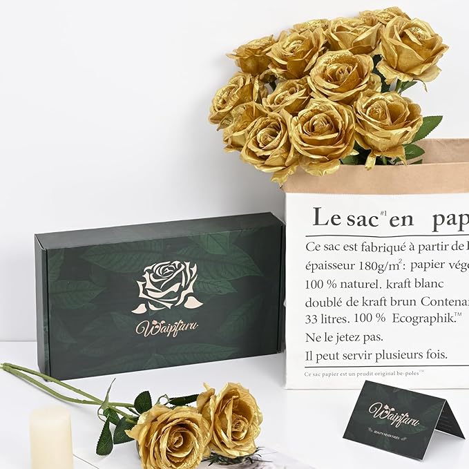 Waipfaru 16 Pcs Fake Gold Roses Artificial Flowers with Long Stems, Rose Bouquet Silk Faux Flowers for Valentines Wedding Party Vase Centerpiece Home Decor (Gold)