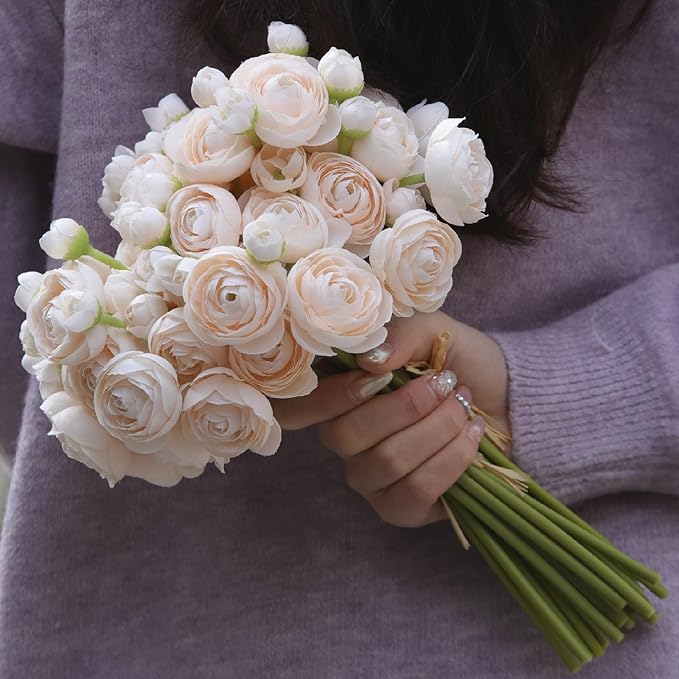 24 Pcs Ranunculus Artificial Flowers 10.5", Mini Faux Silk Ranunculus with Stem, Fake Flowers for Home Decor Indoor Wedding Bouquets Centerpieces (Champagne)