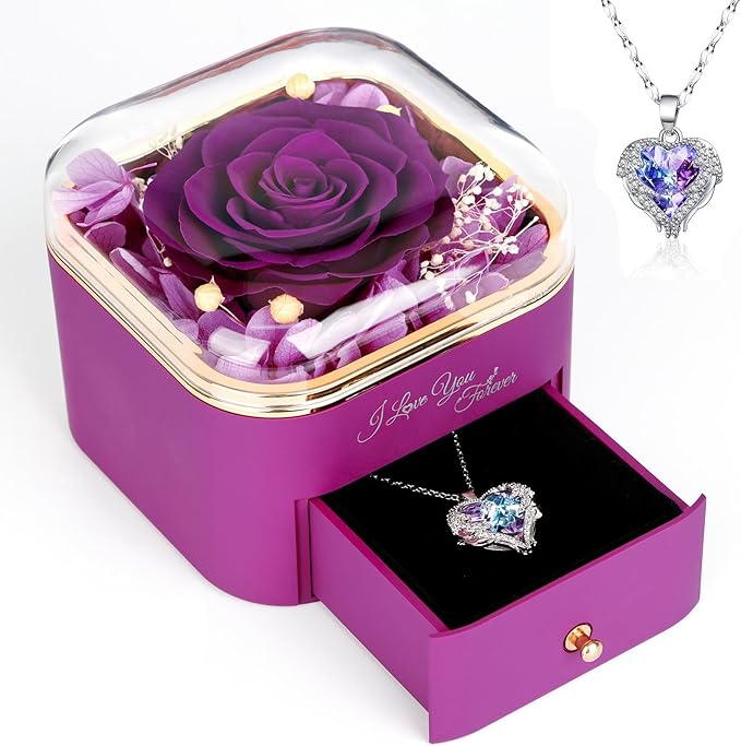 Gifts for Mom Birthday, Preserved Rose with Necklace, Real Purple Forever Rose Gifts for Women, Large 4.3" Eternal Roses Gift for Girlfriend Grandma Wife Mothers Day Anniversary