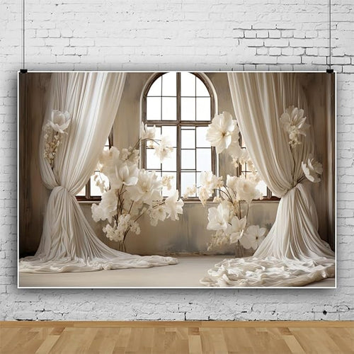 10x6.5ft Wedding Party Decorations Banner Backdrop Wedding Reception Photography Backdrop White Floral Flowers Curtains French Frame Photo Backgrounds Baby Shower Photo Shoot Portraits Props