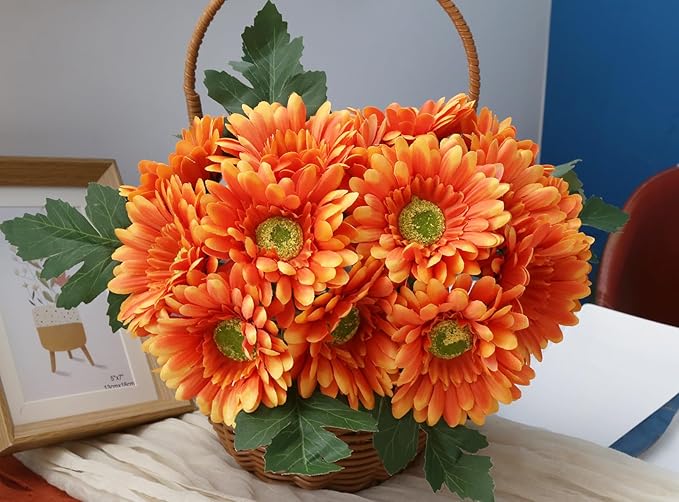 IPOPU 2 Bundles Fall Artificial Gerbera Daisy Flowers 14 Heads Orange Fake Daisy with Stems Faux Silk Daisy Flowers for Wedding Bridal Bouquet Party Floral Arrangements Home Decoration (Orange)