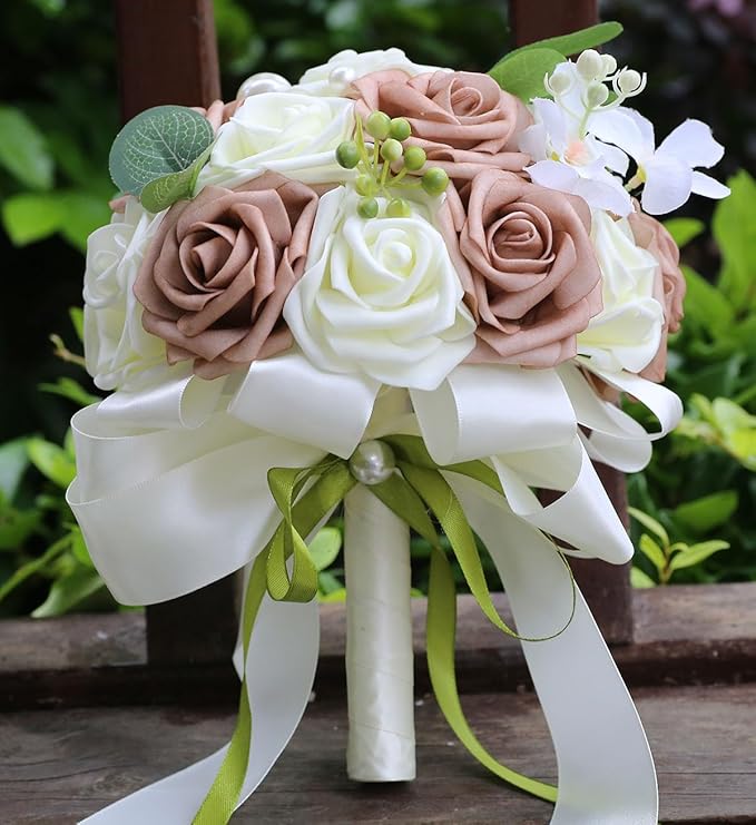 Lightweight Bridal Wedding Bouquet Round Holding Bouquet Throw Toss Artificial Rose Flower Bunch for Bride Bridesmaid Wedding Quinceanera (Cream & Rosy Brown, 6.7")