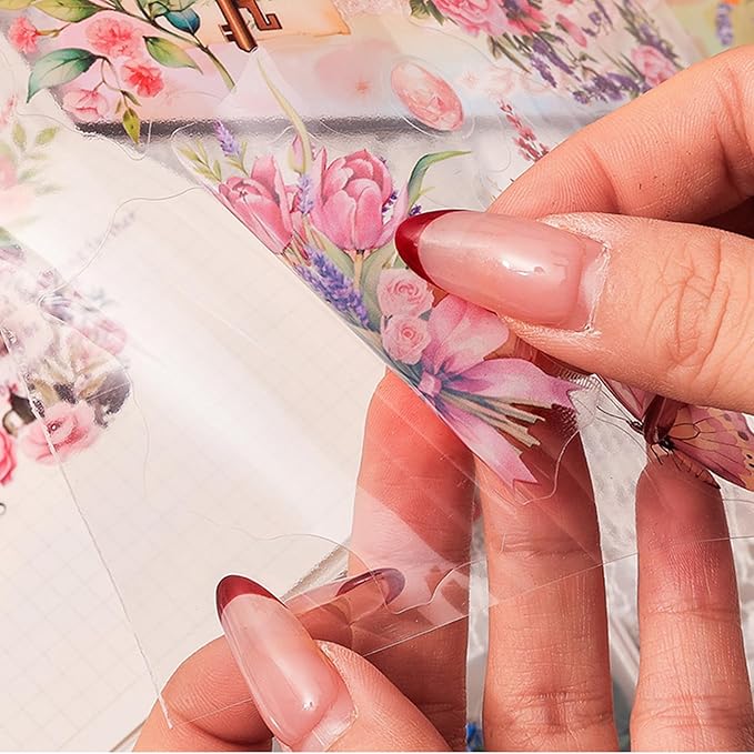 Floral Stickers Set,30 Sheets Pink Waterproof PET Clear Flower Stickers for Scrapbooking Journaling Bullet Journal Junk Journal Supplies