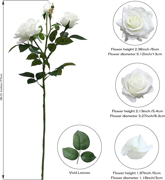 White Fake Flowers for Wedding Decor,Realistic Artificial Flowers Indoor 5 Bouquets（15 Heads） for Room Decor,Real Touch Fake Roses for Bathroom Garden Kitchen Cake Bride Centerpieces Backdrop Decor