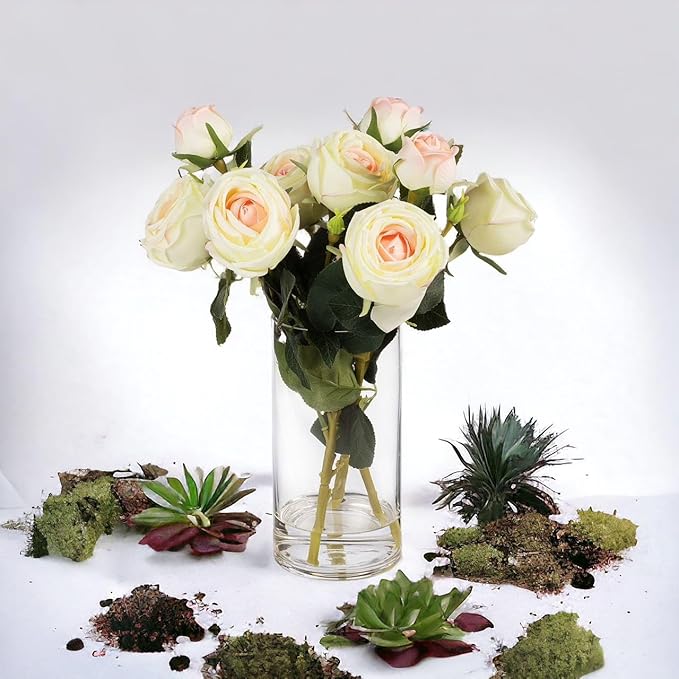 ENOVA FLORAL 9 Heads Silk Rose Artificial Flowers in Vase,Faux Rose Flowers Arrangement in Vase with Faux Water for Table Decor Centerpieces (Champagne)