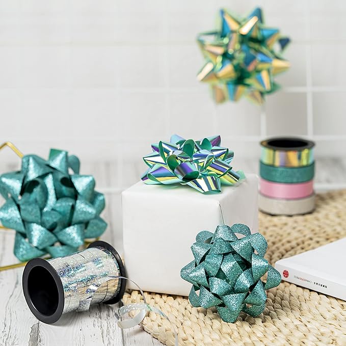 WRAPAHOLIC 14 Pcs Gift Bows Assortment - 12 Multi Colored Assorted Size Gift Bows (Silver, Green, White, Pink, Blue) and 2 Crimped Curling Ribbons, Perfect for Christmas, Holiday, Party
