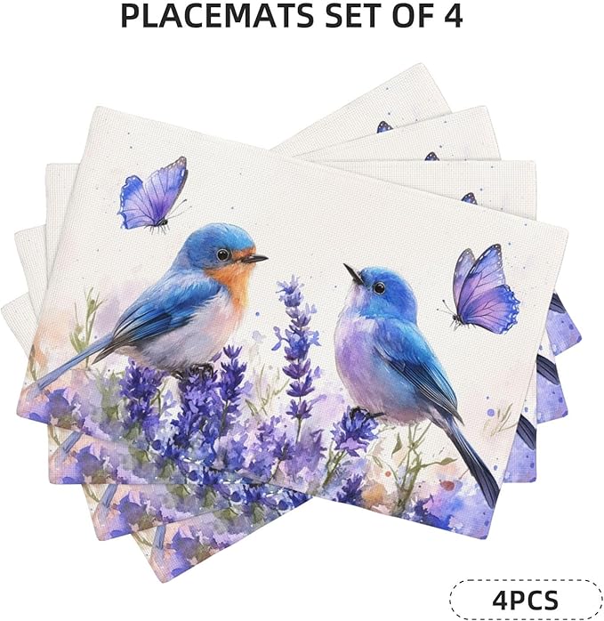 Lavender Birds Placemats Set of 4 Washable Table Mats Spring Floral Flower Heat-Resistant Cotton Linen Place Mats for Dining Table Kitchen Indoor Outdoor Party Holiday Decor