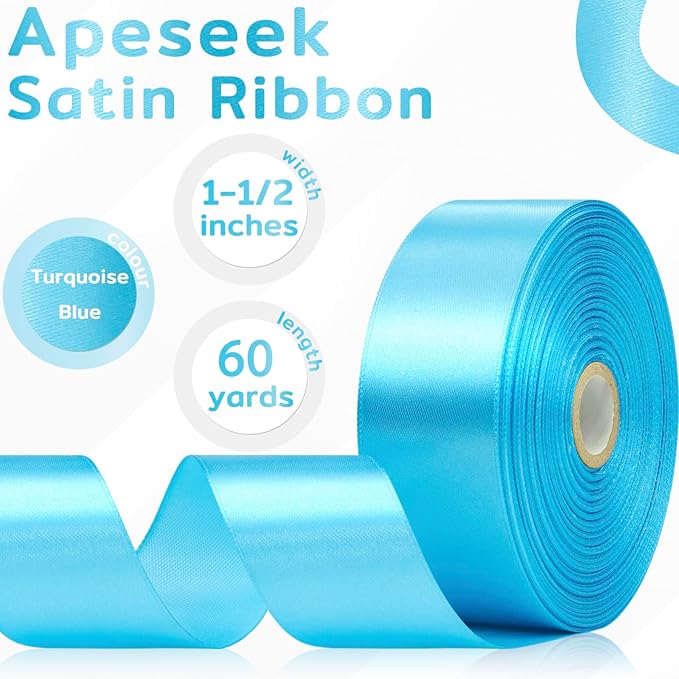 60 Yards Turquoise Blue Satin Ribbon 1-1/2 Inch, Solid Polyester Fabric Ribbon for Gift Wrapping, Crafts, Flower Bouquet, Wedding, Baby Shower, Festival, Christmas, Easter
