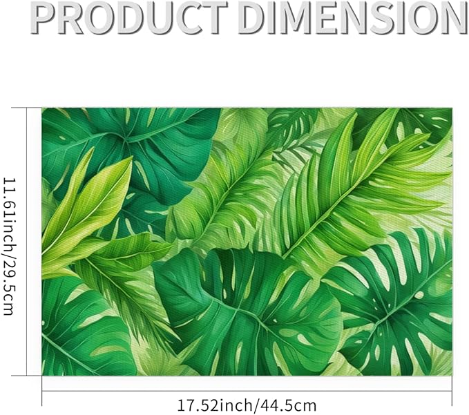 Green Summer Palm Leaf Placemats Set of 6 PVC Vinyl Non Slip Table Mats Waterproof Heat Resistant Place Mats Washable Wipeable Dining Table Mat for Kitchen Party Indoor Outdoor Decorative