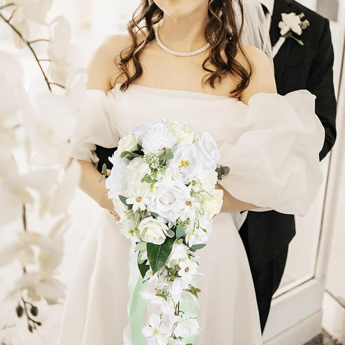 White Wedding Bouquets for Bride,10 Inch Fake Cascading Bridal Bouquet Silk Faux Flowers for Ceremony Anniversary Wedding Bridal Shower(White & Ivory)