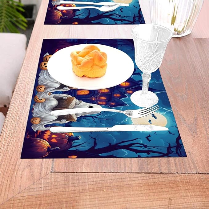 PVC Placemats Set of 6 Wipeable Table Mats Washable Heat Resistant Non Slip Vinyl Dining Table Mat for Kitchen Indoor Outdoor Patio Farmhouse Place Mats Halloween Pumpkin Ghosts Castle Decorative