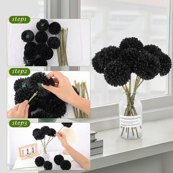12 Pcs Black Artificial Chrysanthemums Flowers Silk Fake Mums Flowers for Halloween Ghothic Wedding Table Centerpiece Christmas Home Decor (12, Black)